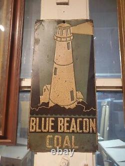 C. 1940s Original Vintage Blue Beacon Coal Sign Metal Embossed Lighthouse Gas Oil