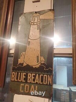 C. 1940s Original Vintage Blue Beacon Coal Sign Metal Embossed Lighthouse Gas Oil