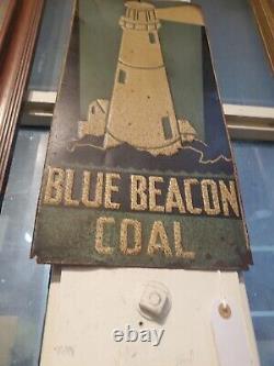 C. 1940s Original Vintage Blue Beacon Coal Sign Metal Embossed Lighthouse Gas Oil