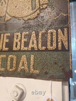 C. 1940s Original Vintage Blue Beacon Coal Sign Metal Embossed Lighthouse Gas Oil