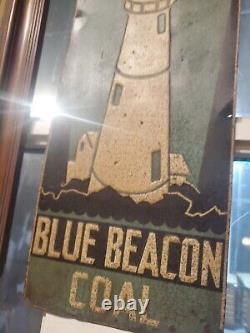 C. 1940s Original Vintage Blue Beacon Coal Sign Metal Embossed Lighthouse Gas Oil