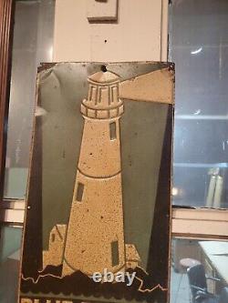 C. 1940s Original Vintage Blue Beacon Coal Sign Metal Embossed Lighthouse Gas Oil