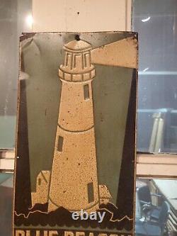 C. 1940s Original Vintage Blue Beacon Coal Sign Metal Embossed Lighthouse Gas Oil