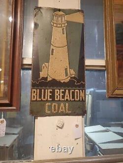 C. 1940s Original Vintage Blue Beacon Coal Sign Metal Embossed Lighthouse Gas Oil