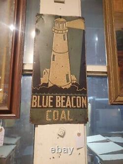 C. 1940s Original Vintage Blue Beacon Coal Sign Metal Embossed Lighthouse Gas Oil