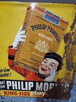 C. 1940s Original Vintage Phillip Morris Tobacco Sign Metal Embossed Johnny RARE