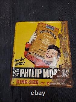 C. 1940s Original Vintage Phillip Morris Tobacco Sign Metal Embossed Johnny RARE