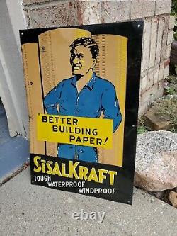 C. 1940s Original Vintage Sisal Kraft Building Paper Sign Metal Steel Boom RARE