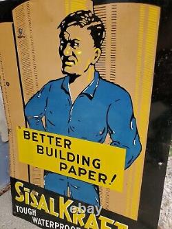 C. 1940s Original Vintage Sisal Kraft Building Paper Sign Metal Steel Boom RARE