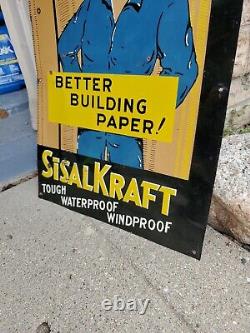 C. 1940s Original Vintage Sisal Kraft Building Paper Sign Metal Steel Boom RARE