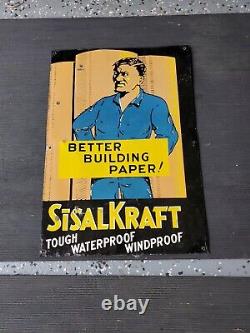 C. 1940s Original Vintage Sisal Kraft Building Paper Sign Metal Steel Boom RARE