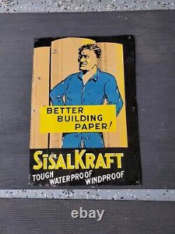 C. 1940s Original Vintage Sisal Kraft Building Paper Sign Metal Steel Boom RARE