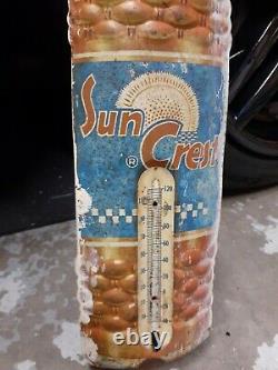 C. 1940s Original Vintage Sun Crest Orange Soda Sign Thermometer Metal Embossed