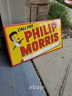 C. 1950s Original Vintage Call For Phillip Morris Sign Metal Embossed Tobacco PM