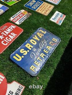 C. 1959 Original Vintage US Royal Tires Sign Metal Embossed Quality Retread Gas