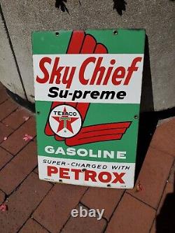 C. 1963 Original Vintage Texaco Sky Chief Sign Metal Porcelain Supreme Petrox Gas