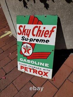 C. 1963 Original Vintage Texaco Sky Chief Sign Metal Porcelain Supreme Petrox Gas