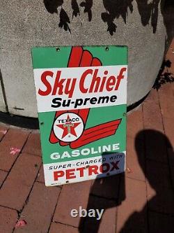 C. 1963 Original Vintage Texaco Sky Chief Sign Metal Porcelain Supreme Petrox Gas