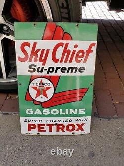 C. 1963 Original Vintage Texaco Sky Chief Sign Metal Porcelain Supreme Petrox Gas