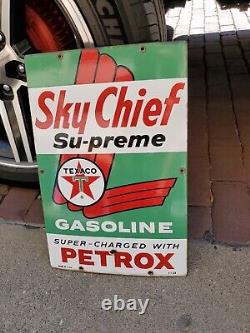 C. 1963 Original Vintage Texaco Sky Chief Sign Metal Porcelain Supreme Petrox Gas