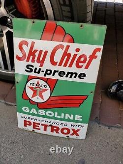 C. 1963 Original Vintage Texaco Sky Chief Sign Metal Porcelain Supreme Petrox Gas