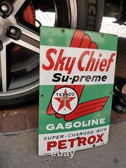 C. 1963 Original Vintage Texaco Sky Chief Sign Metal Porcelain Supreme Petrox Gas