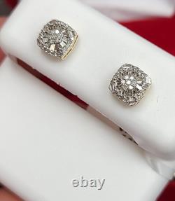 DEAL! 10K Gold Genuine Cluster Diamond Halo Cushion Studs Earrings 0.25ct 6 mm