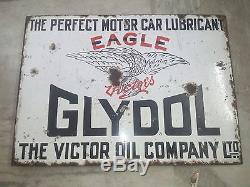 EAGLE OIL GAS VINTAGE 2SIDED FLANGE PORCELAIN ENAMEL SIGN 1920's VICTOR'S GLYDOL