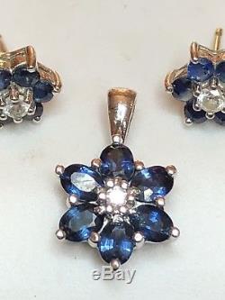 Effy Vintage 14k Gold Blue Sapphire & Diamond Pendant & Earring Signed Bh Bita