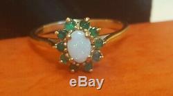 Estate Vintage 10k Gold Genuine Opal Halo Green Emerald Ring Signed CID