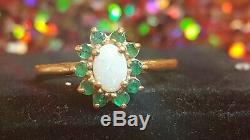 Estate Vintage 10k Gold Genuine Opal Halo Green Emerald Ring Signed CID