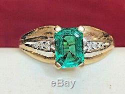 Estate Vintage 10k Yellow Gold Green Emerald & Natural Diamond Ring Signed Lgl