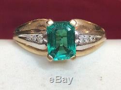 Estate Vintage 10k Yellow Gold Green Emerald & Natural Diamond Ring Signed Lgl