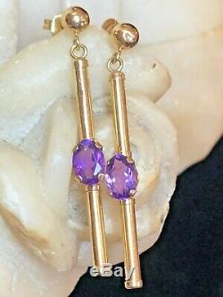 Estate Vintage 14k Gold Amethyst Earrings Gemstones Drop Dangle Signed S