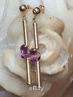 Estate Vintage 14k Gold Amethyst Earrings Gemstones Drop Dangle Signed S