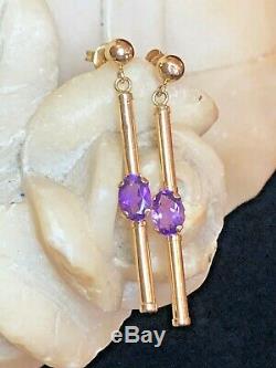 Estate Vintage 14k Gold Amethyst Earrings Gemstones Drop Dangle Signed S