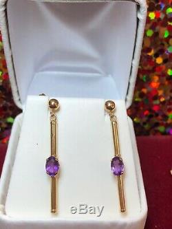 Estate Vintage 14k Gold Amethyst Earrings Gemstones Drop Dangle Signed S