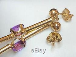 Estate Vintage 14k Gold Amethyst Earrings Gemstones Drop Dangle Signed S