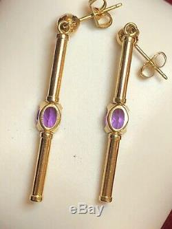 Estate Vintage 14k Gold Amethyst Earrings Gemstones Drop Dangle Signed S