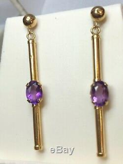 Estate Vintage 14k Gold Amethyst Earrings Gemstones Drop Dangle Signed S