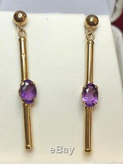 Estate Vintage 14k Gold Amethyst Earrings Gemstones Drop Dangle Signed S