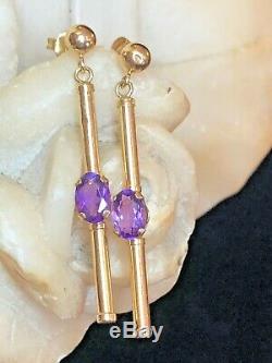 Estate Vintage 14k Gold Amethyst Earrings Gemstones Drop Dangle Signed S