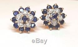 Estate Vintage 14k Gold Blue Sapphire & Diamond Earrings Signed IC Flowers
