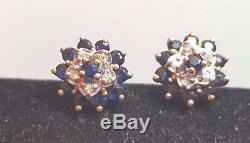 Estate Vintage 14k Gold Blue Sapphire & Diamond Earrings Signed IC Flowers