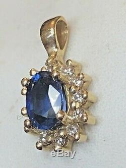 Estate Vintage 14k Gold Blue Sapphire & Diamond Pendant Halo Necklace Signed Vp