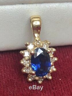 Estate Vintage 14k Gold Blue Sapphire & Diamond Pendant Halo Necklace Signed Vp