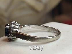 Estate Vintage 14k Gold Blue Sapphire Diamond Ring Halo Engagement Signed Oc