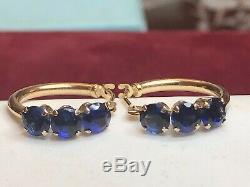 Estate Vintage 14k Gold Blue Sapphire Hoop Earrings Gemstone Designer Signed Mo