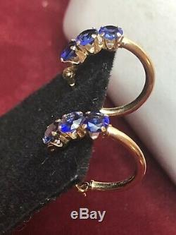 Estate Vintage 14k Gold Blue Sapphire Hoop Earrings Gemstone Designer Signed Mo