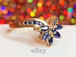 Estate Vintage 14k Gold Blue Sapphire Ring Designer Signed Suma Flower Art Deco